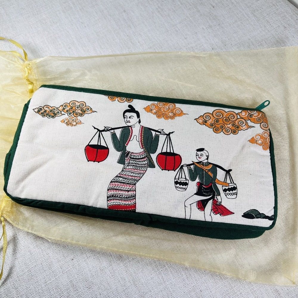 Thai Folk Art Canvas Zipper Pouch Green Cream Padded Makeup Travel Bag Pouch